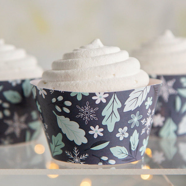 Winter Botanical Cupcake Wrappers - PRINTABLE instant download PDF. Steel slate blue with leaves, flowers, & snowflakes. Winter bridal idea.