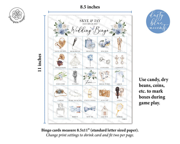 Wedding Bingo Cards - 100 card, Personalization, Dusty Blue - Printable Digital Download by Greengate Images