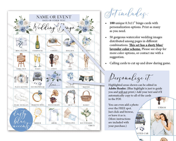 Wedding Bingo Cards - 100 card, Personalization, Dusty Blue - Printable Digital Download by Greengate Images