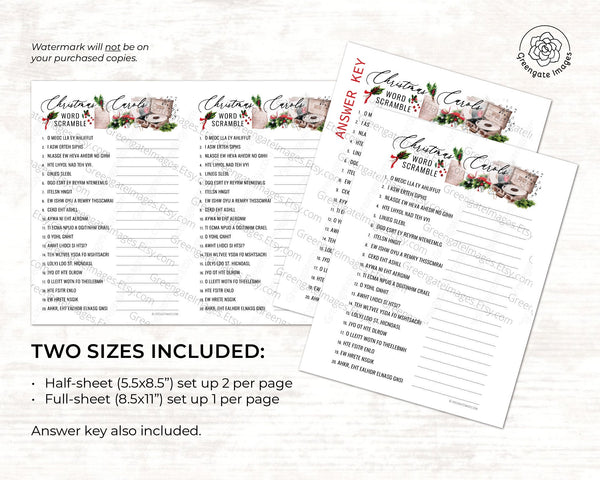 Christmas Carols Word Scramble - Printable Digital Download by Greengate Images