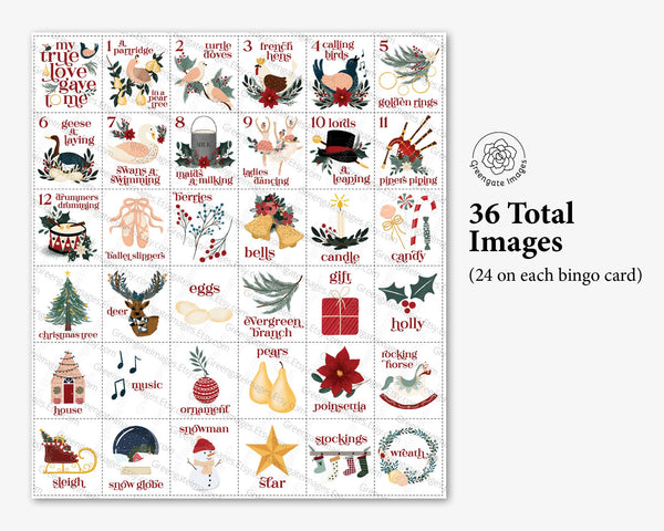 12 Days of Christmas Bingo Cards - 50 PRINTABLE unique cards, senior citizen activity, children game all ages, labeled cute color pictures