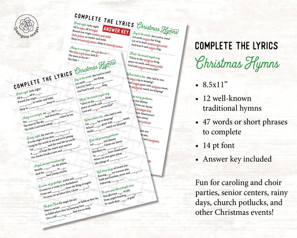 Complete the Lyrics Christmas Hymn Activity - Printable Digital Download by Greengate Images