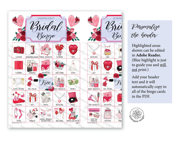 Valentine Bridal Bingo - Personalize the Header Text - Printable Digital Download by Greengate Images