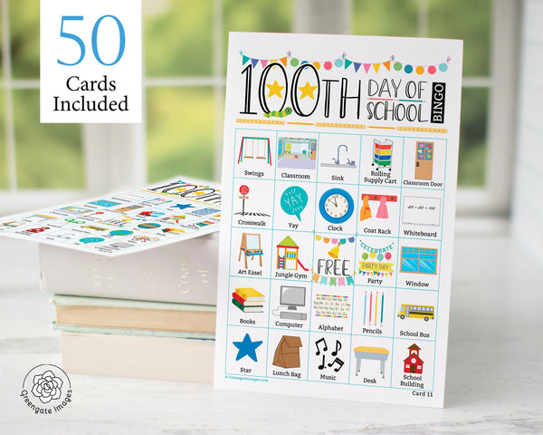 100th Day of School Bingo - Color - Printable Digital Download by Greengate Images