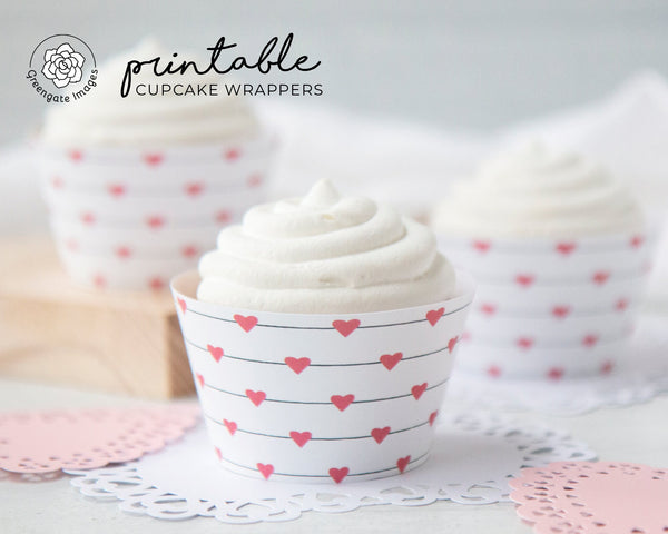 Valentine Heartstrings Cupcake Wrappers - PRINTABLE instant download. Cute salmon coral and gray liner. Delicate. Galentine's dessert table.