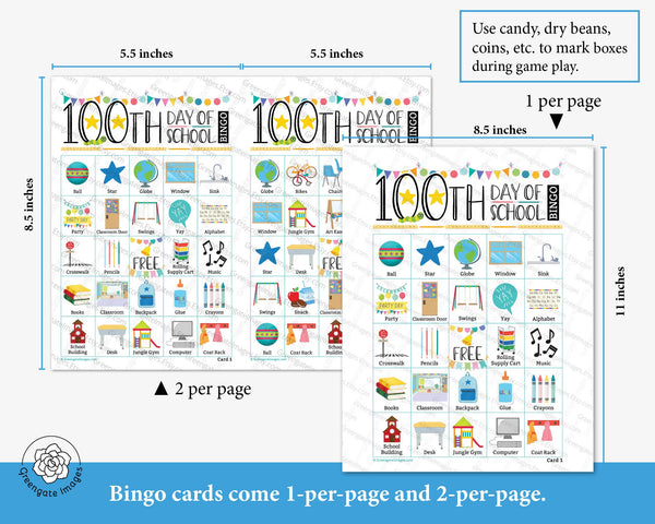 100th Day of School Bingo - Color - Printable Digital Download by Greengate Images