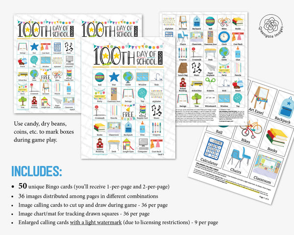 100th Day of School Bingo - Color - Printable Digital Download by Greengate Images