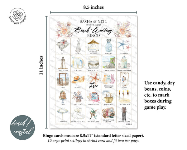 Beach Wedding Bingo - 100 cards with personalized header - Printable Digital Download by Greengate Images