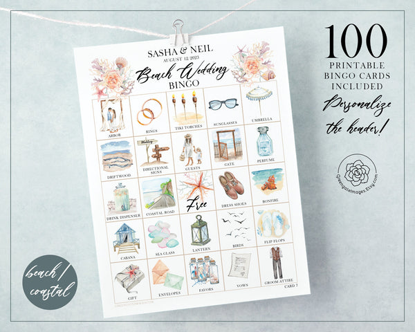 Beach Wedding Bingo - 100 cards with personalized header - Printable Digital Download by Greengate Images