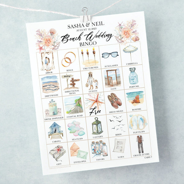 Beach Wedding Bingo - 100 cards with personalized header - Printable Digital Download by Greengate Images