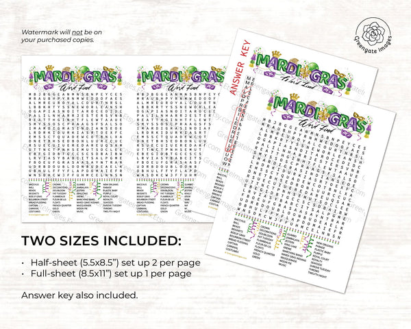 Mardi Gras Word Search - Printable Digital Download by Greengate Images
