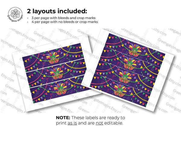 Mardi Gras Water Bottle Label - Printable Digital Download by Greengate Images