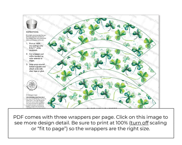 Watercolor Shamrock Cupcake Wrapper - Printable Digital Download by Greengate Images
