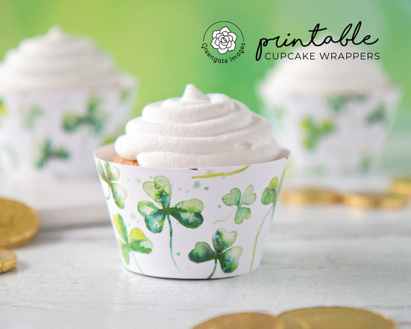Watercolor Shamrock Cupcake Wrapper - PRINTABLE instant download PDF. Cupcake sleeve liner, three-leaf clover, St. Patrick's dessert idea.