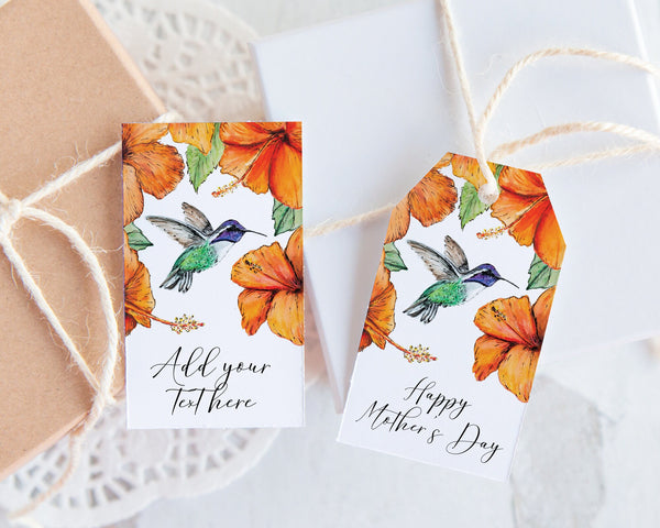 Hummingbird and Hibiscus Gift/Favor Tag - PRINTABLE & Corjl Editable. Tropical Bridal Shower Idea. Personalized wedding favor bag hang tag.