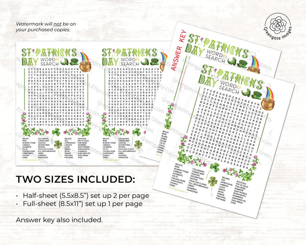St. Patrick's Day Word Search - 40 Words - Printable Digital Download by Greengate Images