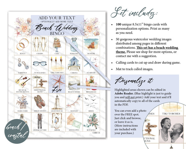 Beach Wedding Bingo - 100 cards with personalized header - Printable Digital Download by Greengate Images