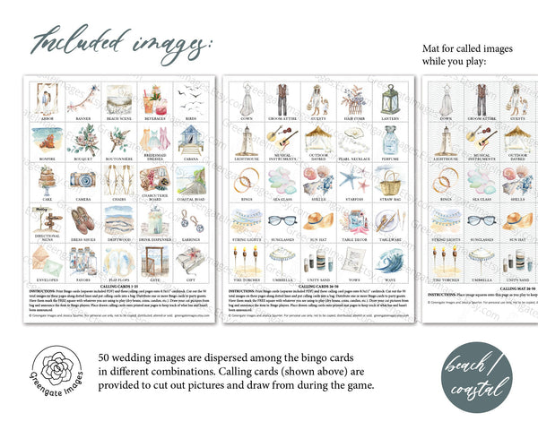 Beach Wedding Bingo - 100 cards with personalized header - Printable Digital Download by Greengate Images