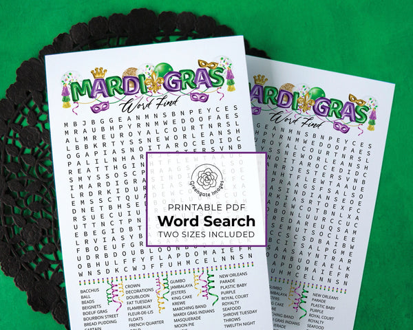 Mardi Gras Word Search - Printable Digital Download by Greengate Images