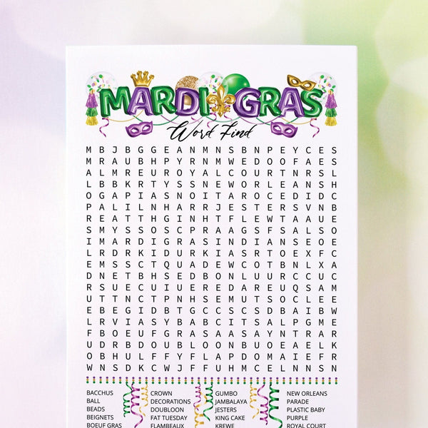 Mardi Gras Word Search - Printable Digital Download by Greengate Images