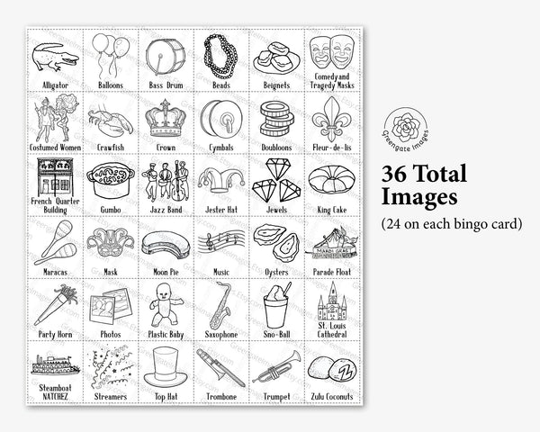 Black & White Mardi Gras Bingo Cards - Printable Digital Download by Greengate Images
