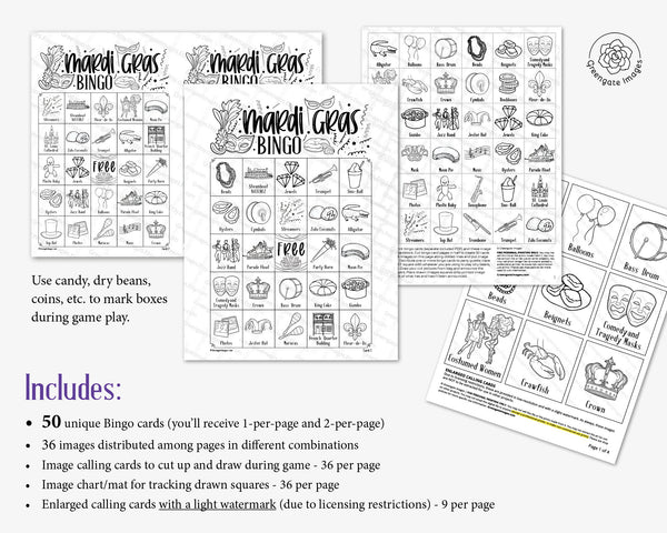 Black & White Mardi Gras Bingo Cards - Printable Digital Download by Greengate Images