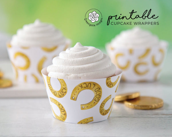 Good Luck Horseshoe Cupcake Wrapper - PRINTABLE instant download PDF. Cupcake sleeve liner, St. Patrick's dessert idea. Best wishes decor.