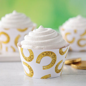 Good Luck Horseshoe Cupcake Wrapper - PRINTABLE instant download PDF. Cupcake sleeve liner, St. Patrick's dessert idea. Best wishes decor.