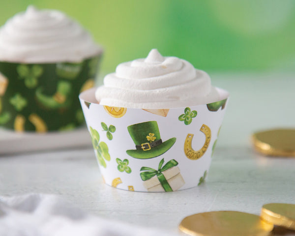 St. Patrick's Day Cupcake Wrapper Duo - PRINTABLE instant download.  Cute holiday elements: leprechaun clothes, golden horseshoe, shamrocks.