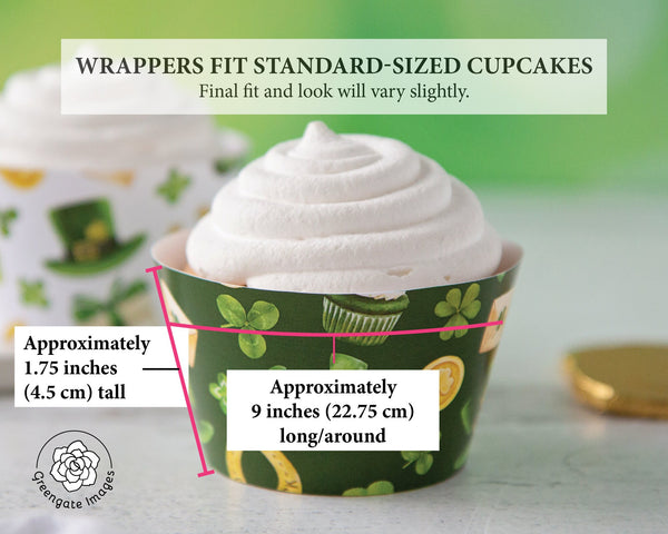 St. Patrick's Day Cupcake Wrapper Duo - PRINTABLE instant download.  Cute holiday elements: leprechaun clothes, golden horseshoe, shamrocks.