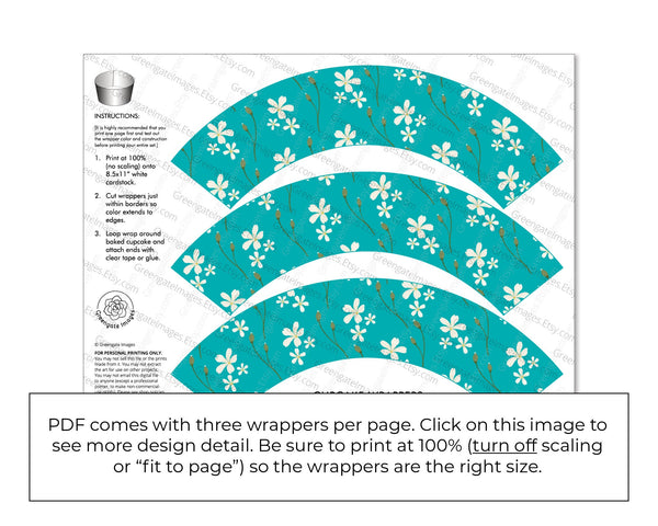 Turquoise Floral Cupcake Wrappers - PRINTABLE instant download PDF. Aquamarine teal bridal shower, wedding cupcakes, dessert table idea.
