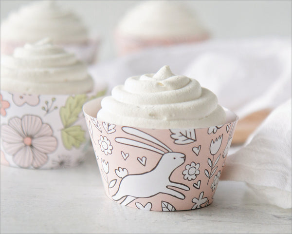 Peach Bunny/Floral Cupcake Wrapper Duo - Printable Digital Download by Greengate Images