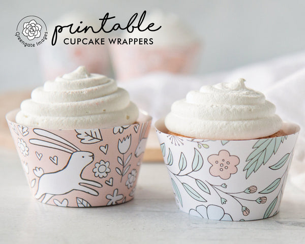 Peach Bunny/Floral Cupcake Wrapper Duo - Printable Digital Download by Greengate Images