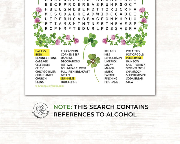 PRINTABLE St. Patrick's Day Word Search - Big 40-word find. Instant download PDF activity, half page & full page. Entertainment for guests.