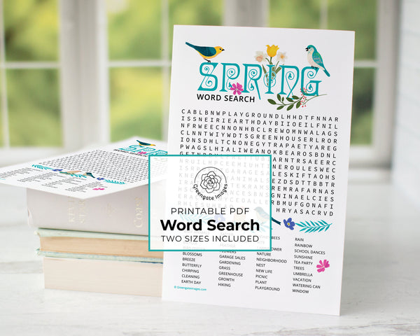 Spring Word Search - PRINTABLE downloadable activity. Fun word find for tea party guests, adults & older kids. Beautiful art, large print.
