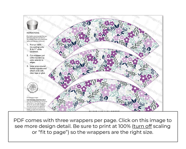 Purple/Mint Floral Cupcake Wrapper - Printable Digital Download by Greengate Images