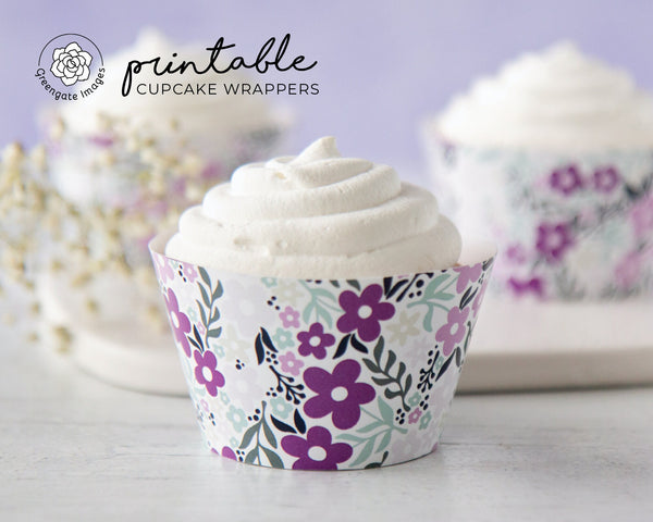 Purple/Mint Floral Cupcake Wrapper - Printable Digital Download by Greengate Images