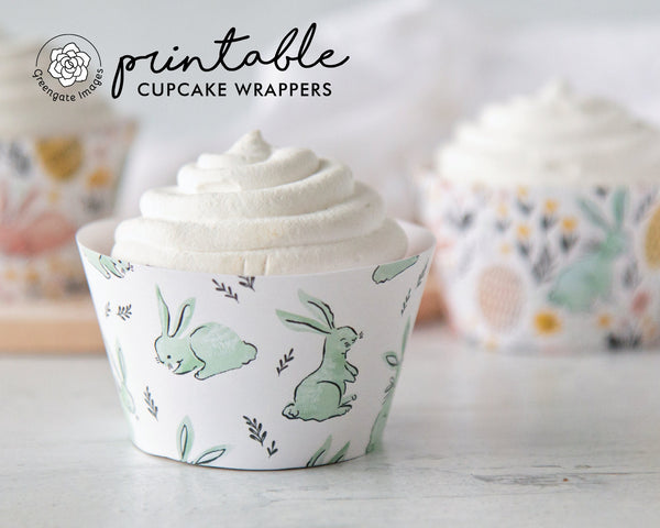Teal & Pink Bunny/Floral Cupcake Wrapper Duo - Printable Digital Download by Greengate Images