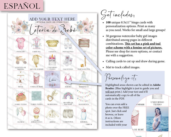 GIRL - Lotería de Bebé - 100 Personalizable Cards - Printable Digital Download by Greengate Images