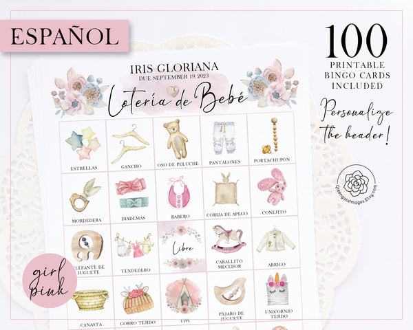 GIRL - Lotería de Bebé - 100 Personalizable Cards - Printable Digital Download by Greengate Images