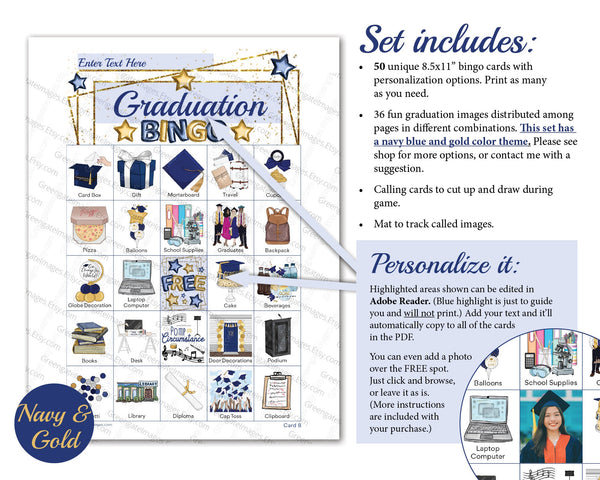 Graduation Bingo - Navy and Gold - Printable Digital Download by Greengate Images