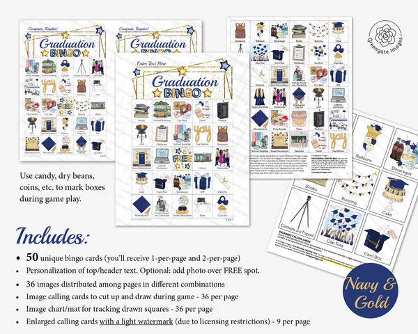 Graduation Bingo - Navy and Gold - Printable Digital Download by Greengate Images
