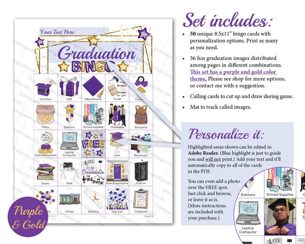 Graduation Bingo - Purple and Gold - Printable Digital Download by Greengate Images