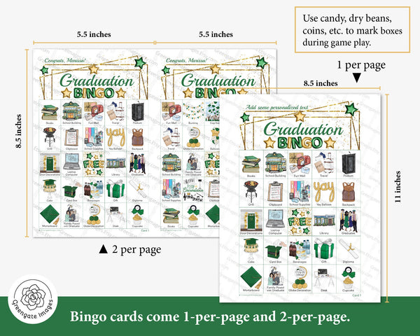 Graduation Bingo - Green and Gold - Printable Digital Download by Greengate Images