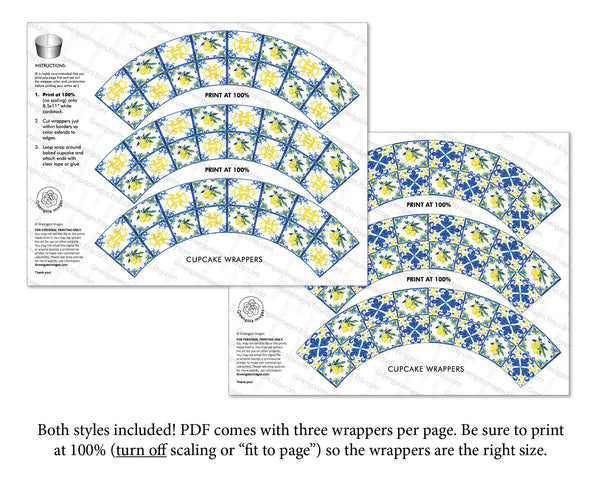 Lemons and Blue Tile Cupcake Wrapper Duo - Printable Digital Download by Greengate Images