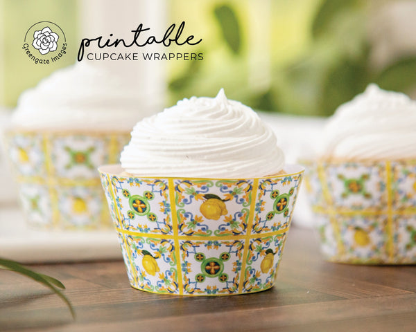 Lemons and Yellow Tile Cupcake Wrapper - Printable Digital Download by Greengate Images