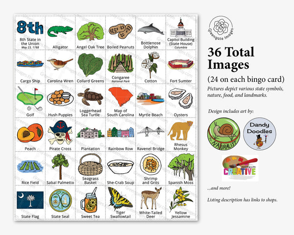 South Carolina Bingo - Printable Digital Download by Greengate Images