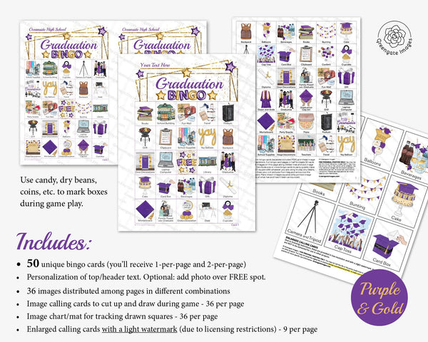 Graduation Bingo - Purple and Gold - Printable Digital Download by Greengate Images