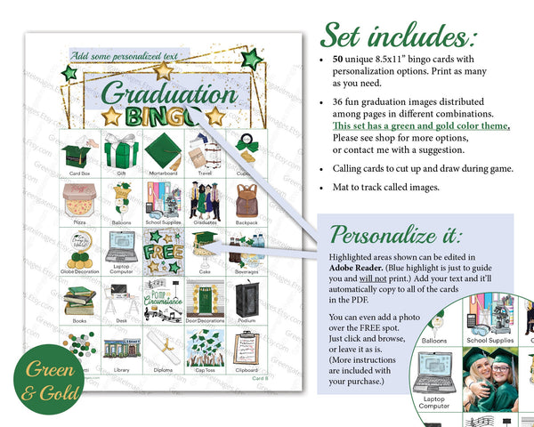 Graduation Bingo - Green and Gold - Printable Digital Download by Greengate Images