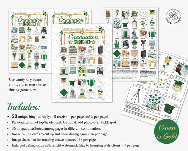 Graduation Bingo - Green and Gold - Printable Digital Download by Greengate Images